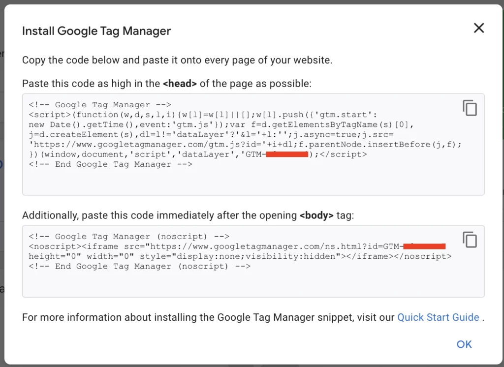 The Google Tag Manager popup that shows the <head> and <body> code that needs to be copy and pasted into the Wild Apricot settings
