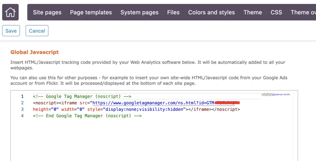 Wild Apricot's Global Javascript screen with the Google Tag Manager<body> code inserted